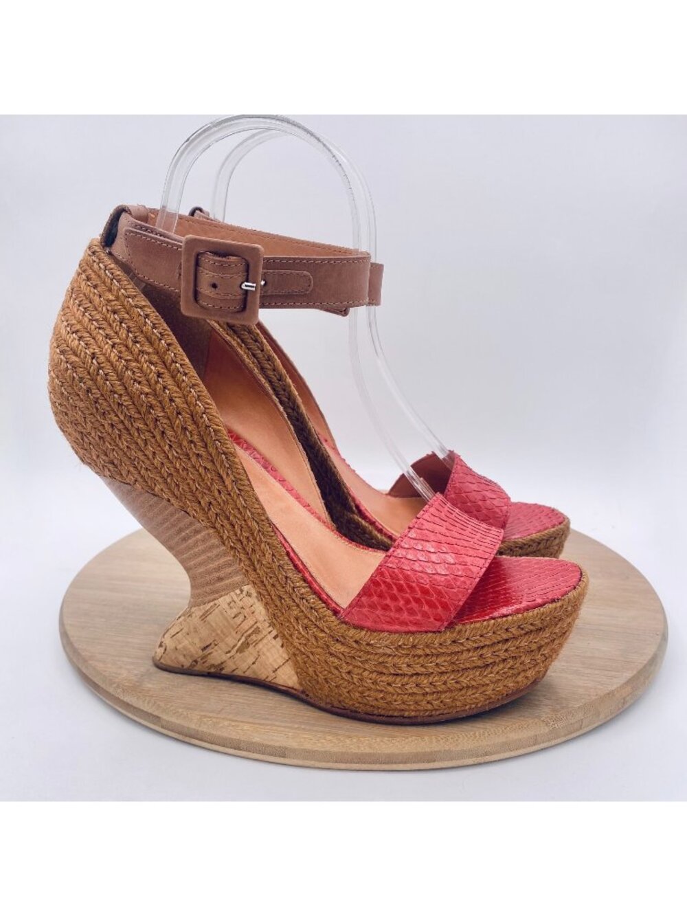 Anthropologie Lifsdottir Shoes Womens 7.5 38 Red Snakeskin Leather Wedge Heels - Picture 1 of 13